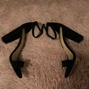 Womens Classic Black Suede Ankle-Strap Block Heels